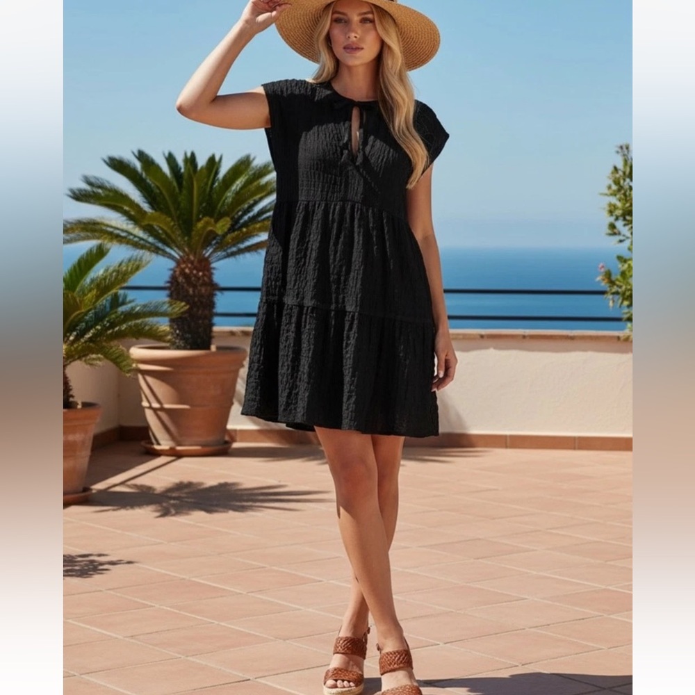 Robin Piccone Fiona Flouncy Dress XS Black Gauze travel Mini Dress Resort A4